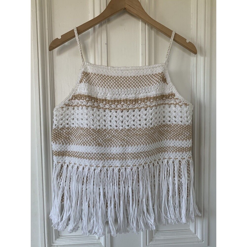 Lafayette 148 New York Hand Macrame Crochet Fringe Tank Top Silk Lined M